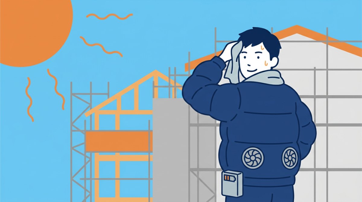 夏の建設現場で、背中にファンの付いた空調服を着て立つ作業員のイラスト。